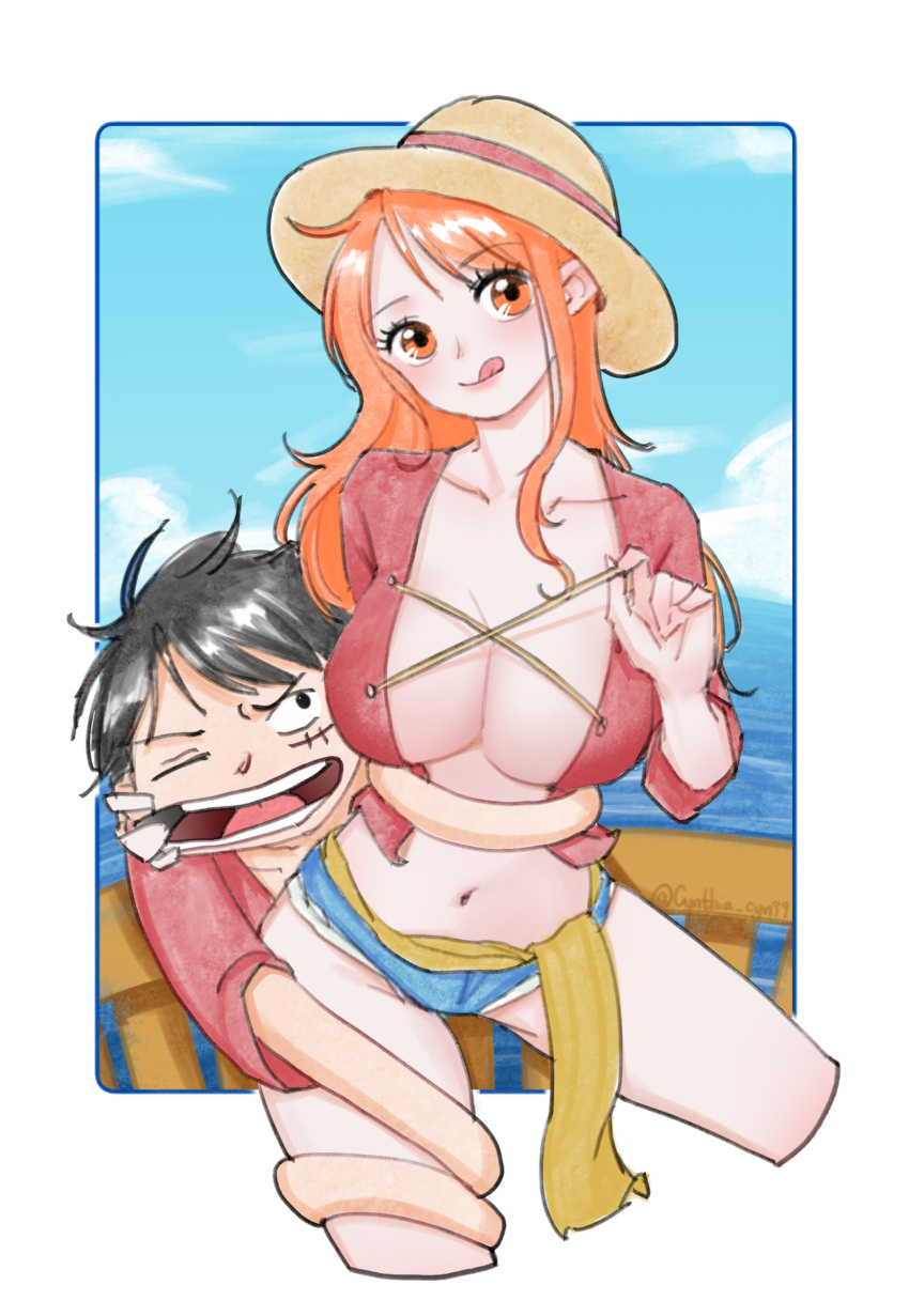 1boy absurdres blue_sky breasts chinese_commentary commentary cosplay cynthia_(user_rrcz7734) elasticity female hat highres long_hair monkey_d._luffy monkey_d._luffy_(cosplay) nami_(one_piece) one_piece orange_eyes orange_hair ship sky straw_hat tongue tongue_out watercraft