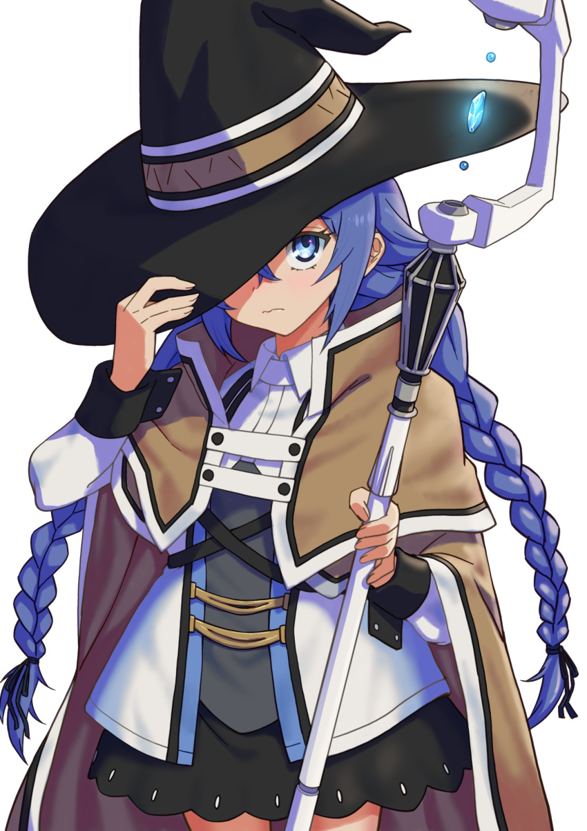 black_hat black_skirt blue_eyes blue_hair braid brown_cape brown_capelet cape capelet collared_shirt commentary_request cowboy_shot crystal female glowing hand_on_headwear hand_up hat highres holding holding_staff jacket long_hair low_twintails mushoku_tensei roxy_migurdia shirt simple_background skirt solo somasoutaro staff standing twin_braids twintails very_long_hair white_background white_jacket white_shirt witch_hat