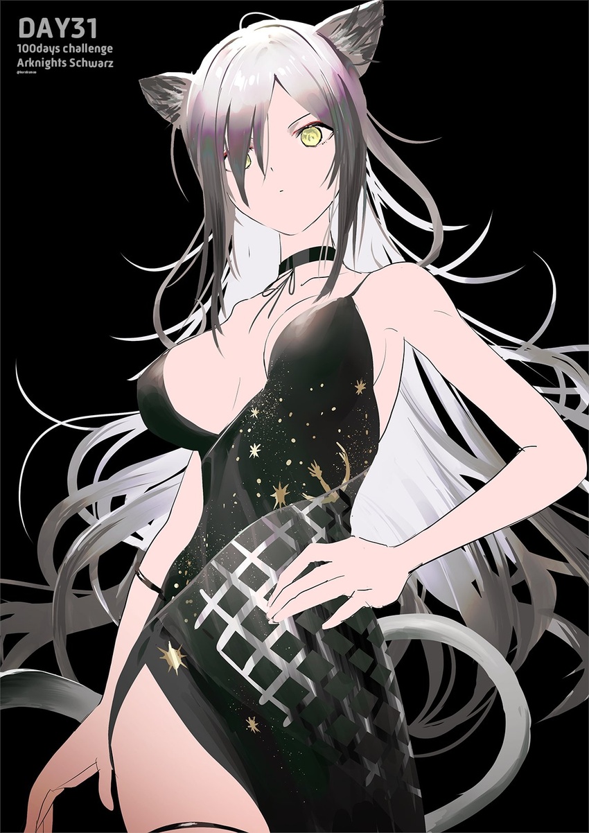 animal_ears arknights arm_strap bare_shoulders black_background black_choker black_dress black_theme breasts choker cleavage closed_mouth collarbone covered_navel dress female grey_hair hair_over_one_eye hand_on_own_hip highleg highleg_dress highres hip_vent large_breasts long_hair looking_at_viewer makkuro messy_hair panther_ears panther_tail schwarz_(arknights) sideboob sidelocks solo standing tail thigh_strap very_long_hair yellow_eyes