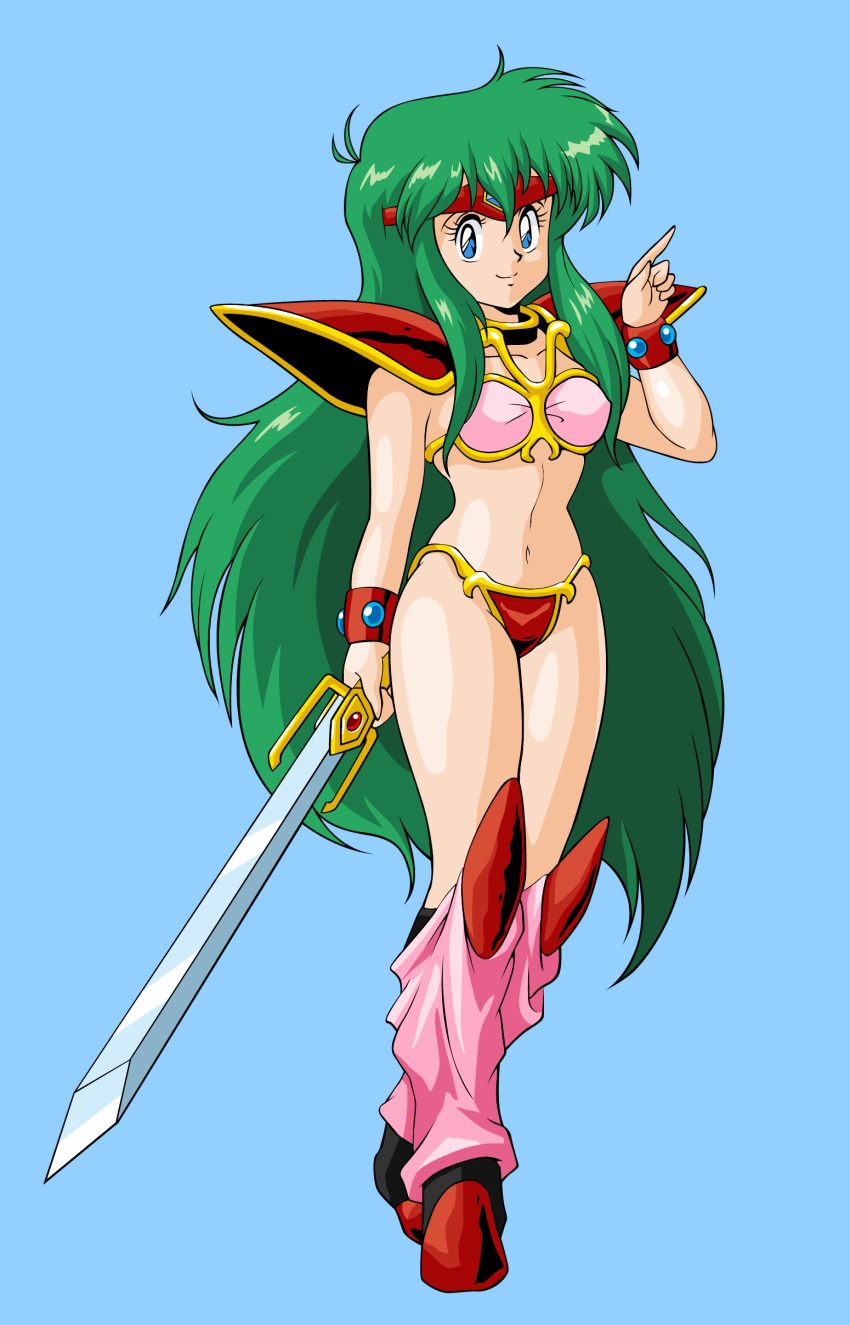 1980s_(style) 675_(image_675) absurdres arm_up armor ayanokouji_rem bikini bikini_armor blue_background blue_eyes boots bracer breasts choker dream_hunter_rem female full_body green_hair highres index_finger_raised knee_boots leg_warmers long_hair navel pink_legwear red_bikini retro_artstyle simple_background small_breasts smile solo swimsuit sword thighs tiara very_long_hair weapon