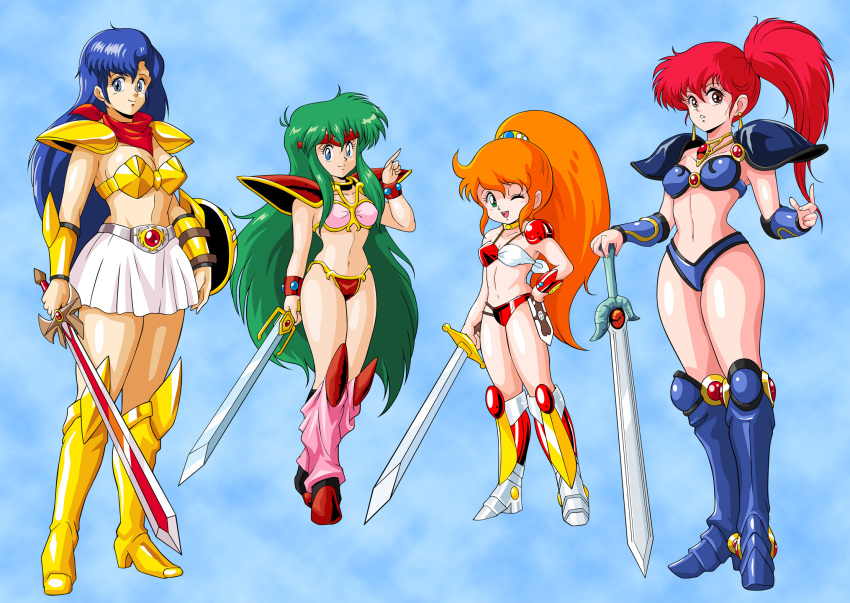 1980s_(style) 4girls 675_(image_675) arm_up armor armored_boots asagiri_youko asou_yuuko ayanokouji_rem bikini bikini_armor blue_background blue_bikini blue_eyes blue_footwear blue_hair boots bracer breasts brown_eyes caron_(rall) choker cleavage crossover dream_hunter_rem earrings full_body gem genmu_senki_leda green_eyes green_hair hand_on_own_hip highres index_finger_raised jewelry knee_boots leg_warmers legs long_hair medium_breasts miniskirt mugen_senshi_valis multiple_girls navel neckerchief one_eye_closed open_mouth orange_hair pauldrons pink_legwear ponytail red_bikini red_hair retro_artstyle sf_choujigen_densetsu_rall shield shoulder_armor side_ponytail simple_background skirt small_breasts smile swimsuit sword thighs tiara trait_connection valis vambraces very_long_hair weapon white_skirt yellow_bikini yellow_footwear