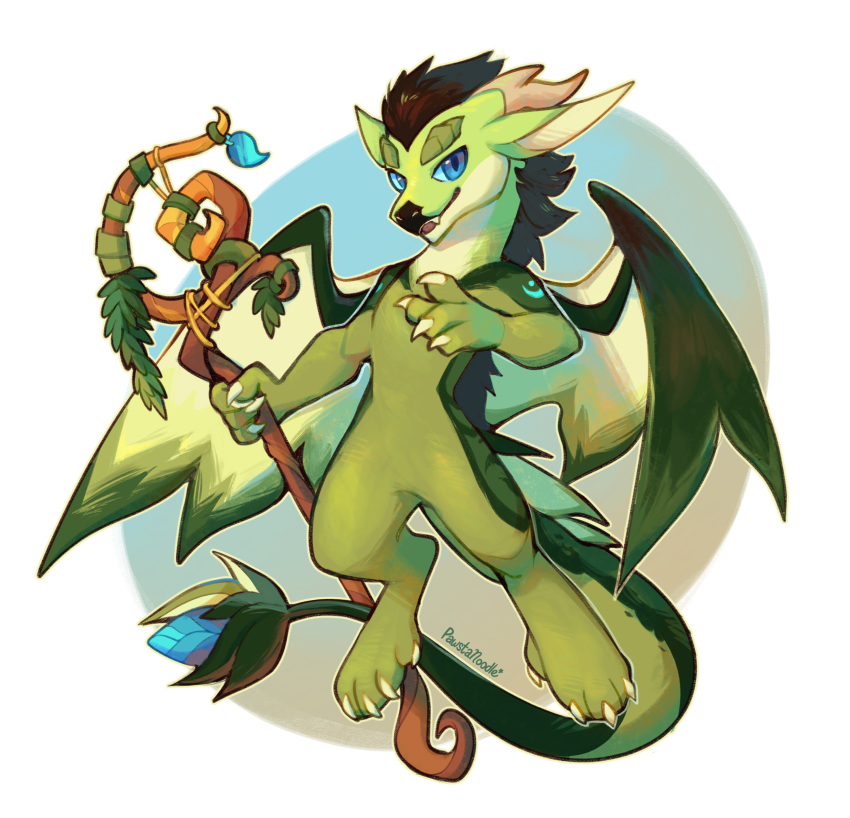 absurd_res alpha_channel anthro blizzard_entertainment blue_eyes dragon druid floating green_body green_scales hi_res horn magic_user male mythological_creature mythological_scalie mythology paiku pawstanoodle reptile scales scalie solo spread_wings staff tail tribal_spellcaster warcraft wings