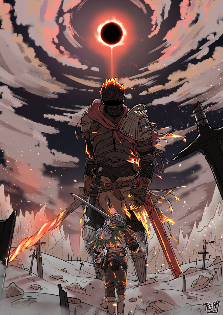 2others arm_at_side armor armored_boots arms_at_sides artist_name ashen_one_(dark_souls_3) battle belt boots breastplate broken broken_sword broken_weapon brown_pants capelet cloud cloudy_sky commentary_request dagger dark_souls_(series) dark_souls_iii duel eclipse embers facing_away feet_out_of_frame field_of_blades full_armor gauntlets glowing glowing_sword glowing_weapon greatsword greaves green_capelet helmet highres hill holding holding_sword holding_weapon knife korean_commentary looking_at_another moon multiple_others outdoors over_shoulder pants pauldrons planted planted_sword plate_armor red_capelet rock sheath sheathed shoulder_armor signature size_difference sky solar_eclipse soul_of_cinder sun sword teeny_(nonzone) walking weapon zweihander