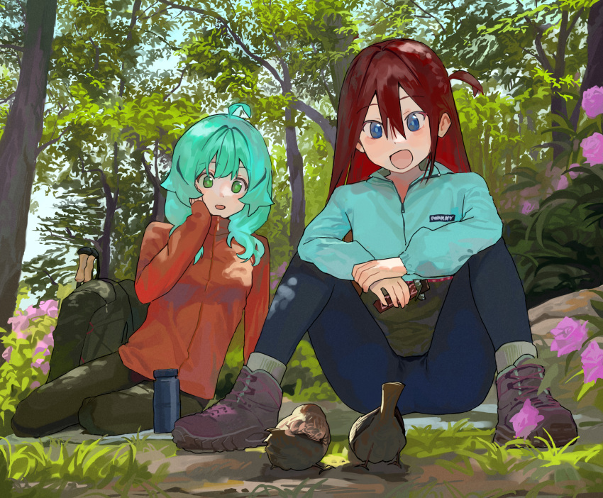 2girls :d ahoge aqua_hair aqua_jacket backpack bag bird black_pants blue_eyes blue_pants candy chocolate chocolate_bar double-parted_bangs flower food forest green_eyes grey_footwear highres hipa_(some1else45) holding holding_food jacket long_hair multiple_girls nahia_(some1else45) nature open_mouth original outdoors pants purple_flower red_hair red_jacket rock shoes side_ahoge sidelocks sitting sleeves_past_wrists smile sneakers some1else45 sparrow spread_legs tree yoga_pants yokozuwari