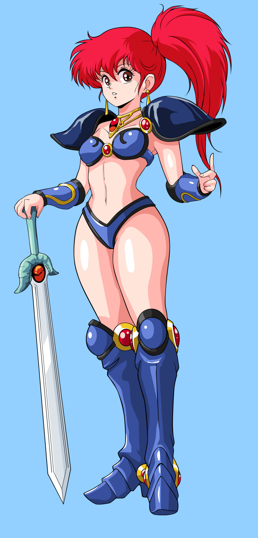 1980s_(style) 675_(image_675) absurdres arm_up armor asagiri_youko bikini bikini_armor blue_background blue_bikini blue_footwear boots breasts brown_eyes choker earrings female full_body gem genmu_senki_leda highres jewelry knee_boots long_hair navel pauldrons red_hair retro_artstyle shoulder_armor side_ponytail simple_background small_breasts solo swimsuit sword thighs vambraces weapon