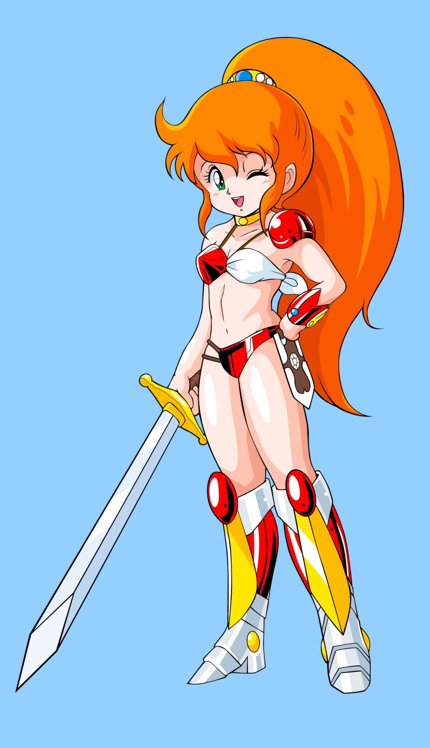 1980s_(style) 675_(image_675) absurdres armor armored_boots bikini bikini_armor blue_background boots bracer breasts caron_(rall) choker female full_body green_eyes hand_on_own_hip highres knee_boots long_hair navel one_eye_closed open_mouth orange_hair ponytail red_bikini retro_artstyle sf_choujigen_densetsu_rall simple_background small_breasts smile solo swimsuit sword thighs very_long_hair weapon