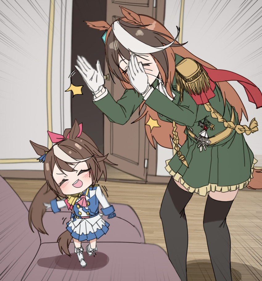 2girls absurdres animal_ears black_thighhighs boots brown_hair clapping closed_eyes commentary dancing doting_parent epaulettes gloves green_skirt high_ponytail highres horse_ears horse_girl horse_tail indoors jalhanda_jalhanda_naesaekki!!!!!_(meme) knee_boots korean_commentary long_hair meme metro_(jbcman0198) miniskirt multicolored_hair multiple_girls parody photo-referenced single_epaulette skirt streaked_hair symboli_rudolf_(umamusume) tail thighhighs tokai_teio_(umamusume) two-tone_hair umamusume white_footwear white_gloves white_hair zettai_ryouiki