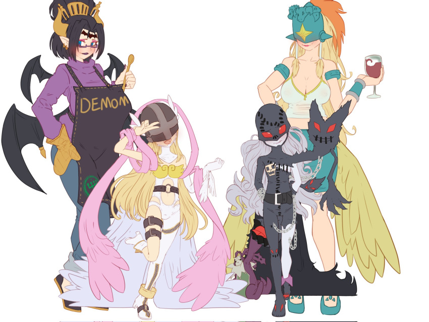 4:3 angel angel_humanoid angewomon apron armor armwear bandai_namco bare_shoulders belly_cutout belt big_breasts blonde_hair blush bodysuit bone boots breastplate breasts chains cheesoart cherubimon cherubimon_(evil) claws cleavage clothed clothing container covered_eyes cup cutout daughter_(lore) demon demon_humanoid digimon digimon_(species) digimon_adventure doll drinking_glass elbow_gloves eyewear feathered_wings feathers female flat_chested footwear gesture glass glass_container glass_cup glasses gloves group hair hand_gesture handwear headgear helmet hi_res high_heels holding_object humanoid kitchen_gloves kneeling ladydevimon lilithmon lipstick long_hair looking_at_viewer makeup mammal mask membrane_(anatomy) membranous_wings mother_(lore) mother_and_child_(lore) mother_and_daughter_(lore) multi_wing not_furry open_mouth ophanimon pale_skin parent_(lore) parent_and_child_(lore) parent_and_daughter_(lore) plushie red_eyes ribbons shirt shoes silver_hair single_elbow_glove single_glove skinsuit skull smile stitch_(clothing) sweater tank_top thigh_gap tight_clothing topwear torn_clothing tower turtleneck unconvincing_armor v_sign visor white_hair wine_glass winged_humanoid wings wooden_spoon