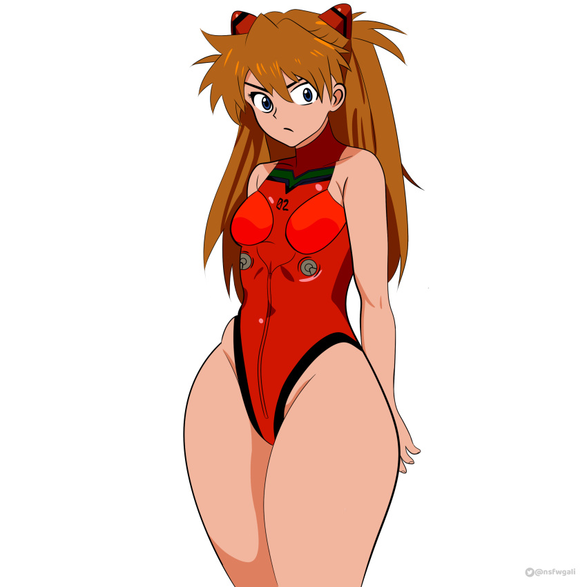 alternate_costume asuka_langley_sohryu bangs blue_eyes breasts female hair_between_eyes highleg long_hair looking_at_viewer nsfwgali plugsuit red_head revealing_clothes simple_background skimpy small_breasts solo standing tagme thick_thighs white_background