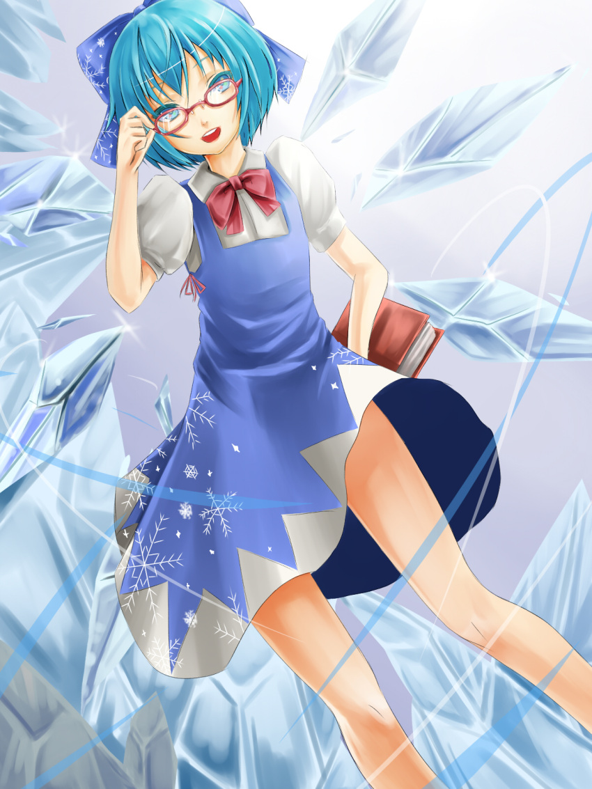 adjusting_eyewear bespectacled blue_dress blue_eyes blue_hair book bow cirno commentary_request dress female glasses hairbow highres ice legs open_mouth reio_reio short_hair solo touhou wings