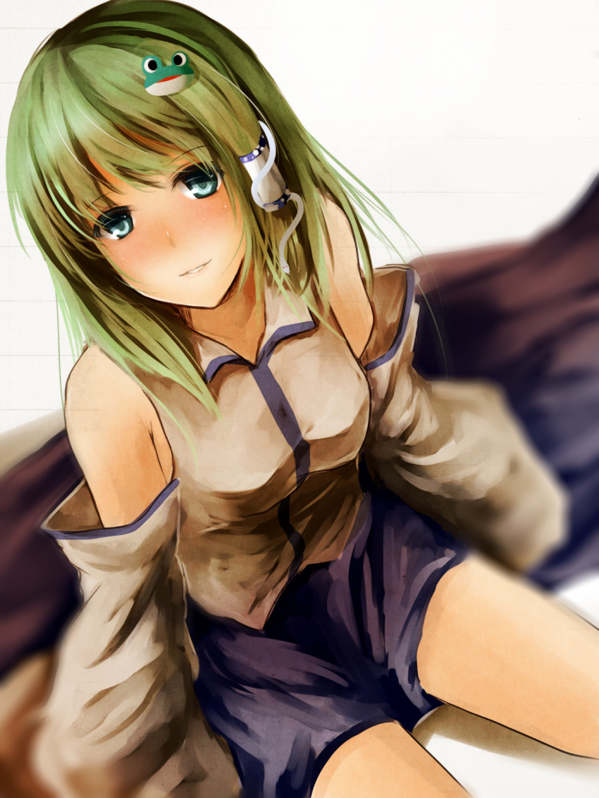 aqua_eyes blush commentary_request detached_sleeves female frog green_hair hair_ornament highres kochiya_sanae long_hair looking_at_viewer metalwasabi photoshop_(medium) snake solo touhou