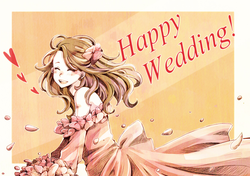 bare_shoulders blush bouquet brown_hair closed_eyes commentary_request dress earrings female flower heart jewelry long_hair nonnon open_mouth original petals smile solo text_focus wedding_dress