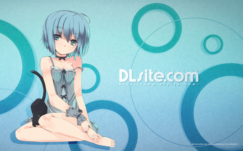 ahoge barefoot blue_hair choker dlsite.com elle_sweet feline female highres refeia ribbon_choker short_hair solo strap_slip