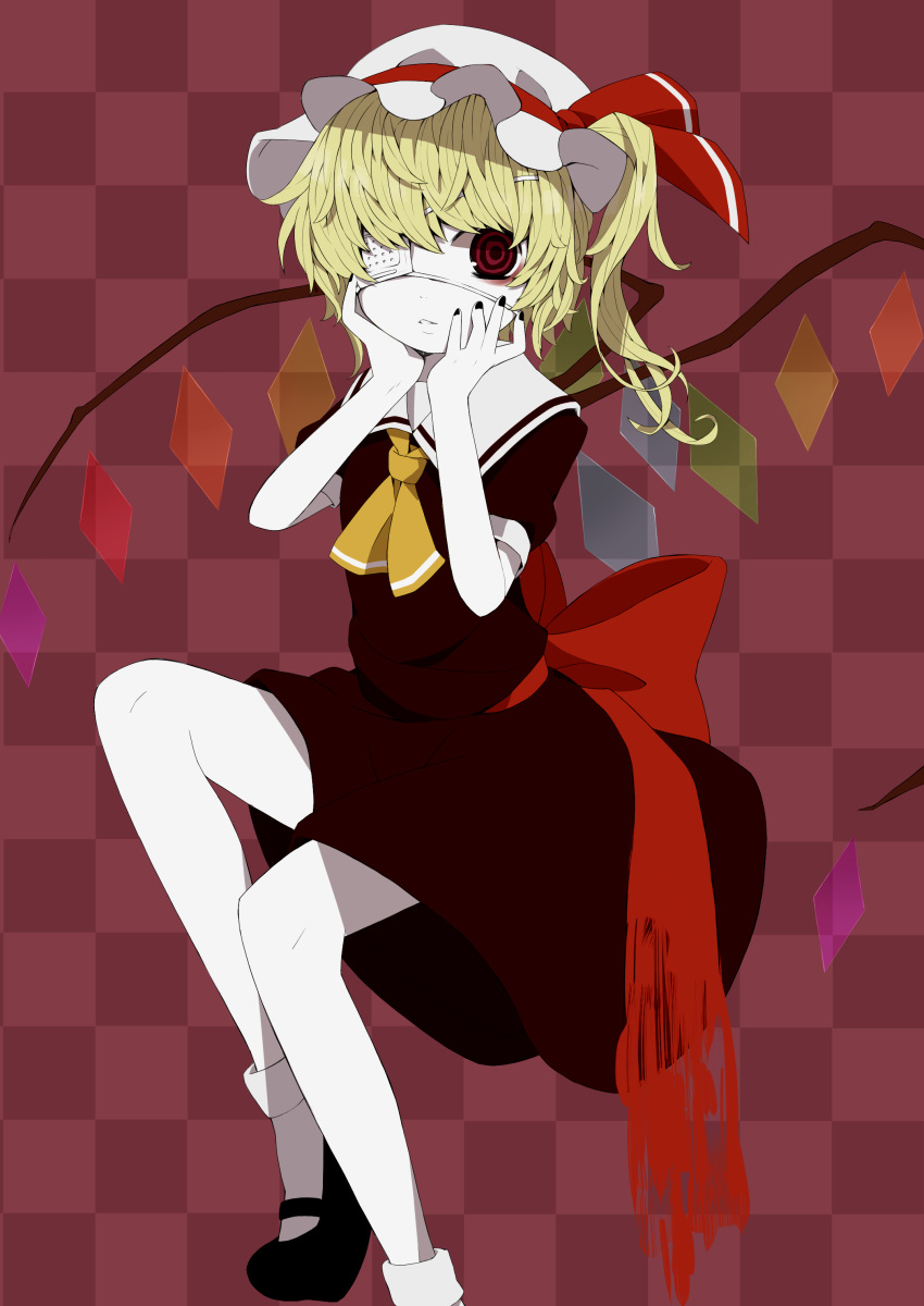 absurdres ascot blonde_hair bow checkered_background commentary_request eyepatch female flandre_scarlet hat highres red_eyes sailor_antei side_ponytail sitting solo touhou wings