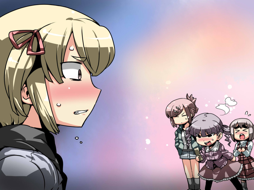 >_< 4girls blush closed_eyes commentary_request highres marui_mitsuba mitsudomoe_(manga) miyashita multiple_girls short_hair short_twintails sugisaki_miku tongue tukiwani twintails yoshioka_yuki