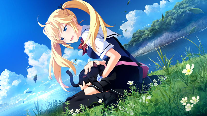 ahoge animal animal_on_lap black_cat black_dress black_footwear black_ribbon black_thighhighs blonde_hair blue_dress blue_eyes blue_scrunchie blue_sky blush bow bowtie breasts bush cat_on_lap cliff closed_eyes cloud cloudy_sky collared_shirt cumulonimbus_cloud day dress dutch_angle fanny_pack feline female field floating_hair flower from_side full_body game_cg grass grisaia_(series) grisaia_no_kajitsu hair_ribbon half-closed_eyes half_updo headpat highres holding holding_animal holding_cat horizon landscape leaf leaning_forward long_hair matsushima_michiru medium_breasts nature oerba_yun_fang on_ground on_lap open_mouth outdoors periwinkle_(flower) photoshop_(medium) pink_bag plaid_neckwear plant red_bow red_bowtie ribbon rock sailor_collar sailor_dress scenery school_uniform scrunchie serafuku shirt shore short_sleeves sidelocks sitting sky sleeping sleeping_animal smile solo sunlight thighhighs twintails wariza watanabe_akio water white_flower white_sailor_collar white_shirt wind wrist_scrunchie yellow_flower zettai_ryouiki