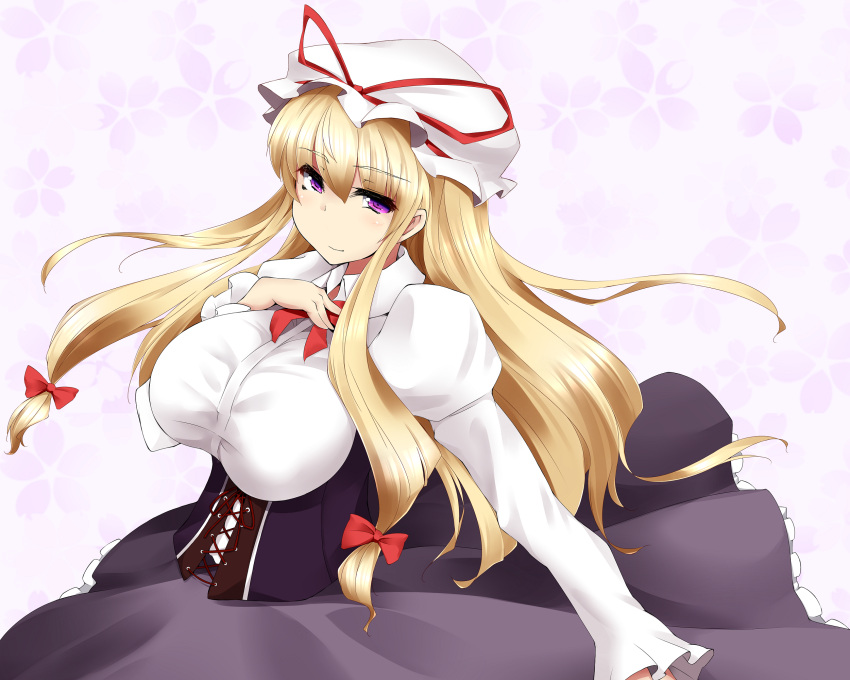 bad_id bad_pixiv_id blonde_hair blush breasts female hat highres large_breasts long_hair mikage_kirino purple_eyes ribbon skirt solo touhou yakumo_yukari