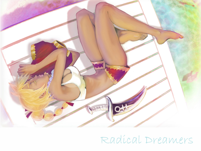 barefoot blonde_hair breasts bride chrono_cross closed_eyes commentary_request dagger dark-skinned_female dark_skin ebba female from_above full_body highres jewelry kid_(chrono_cross) knife legs lips long_legs lying medium_breasts midriff miniskirt navel necklace on_side pearl_necklace photoshop_(medium) ponytail skirt sleeping solo tan weapon