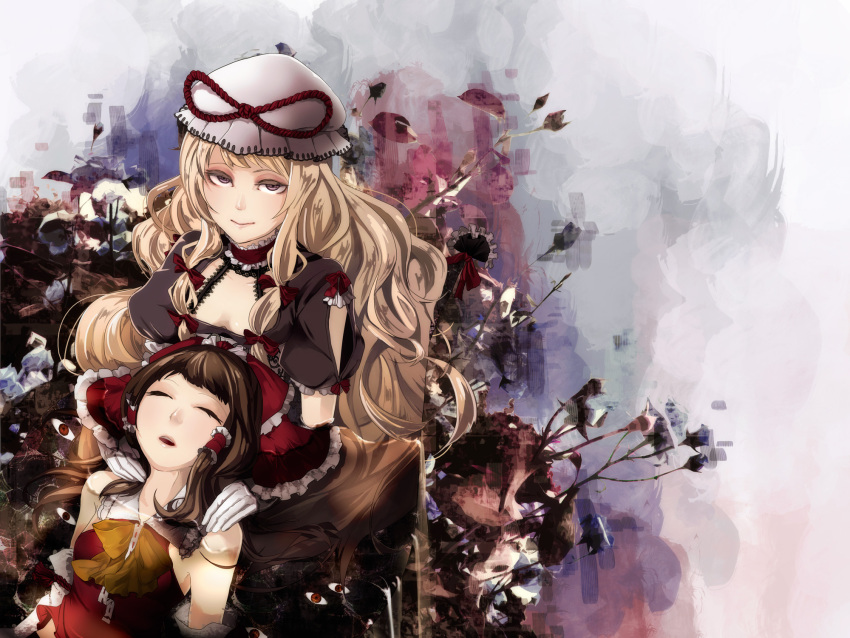 2girls bad_id bad_pixiv_id bare_shoulders blonde_hair bow breasts brown_hair choker cleavage closed_eyes colored_eyelashes commentary_request detached_sleeves gloves hair_tubes hairbow hakurei_reimu hands_on_shoulders hat hat_ribbon highres long_hair medium_breasts memai multiple_girls open_mouth photoshop_(medium) purple_eyes ribbon touhou very_long_hair yakumo_yukari