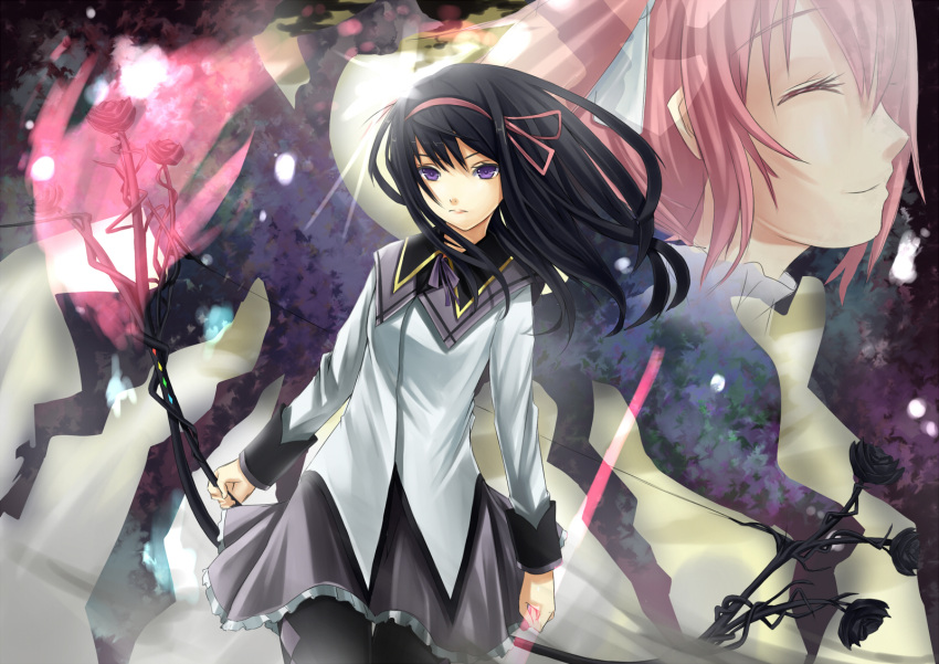 akemi_homura akemi_homura_(magical_girl) bad_id bad_nicoseiga_id black_hair black_pantyhose bow_(weapon) closed_eyes female flower hair_ribbon highres kaname_madoka mahou_shoujo_madoka_magica mahou_shoujo_madoka_magica_(anime) pantyhose pink_hair purple_eyes reio_reio ribbon solo spoilers standing weapon wings