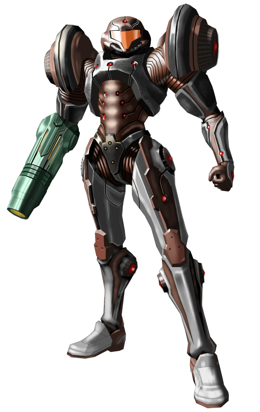 armor assault_visor bad_id bad_pixiv_id boots corruptroid dark_suit_(metroid) female full_body gun helmet highres legs_apart metroid orange_visor power_armor samus_aran science_fiction simple_background solo weapon