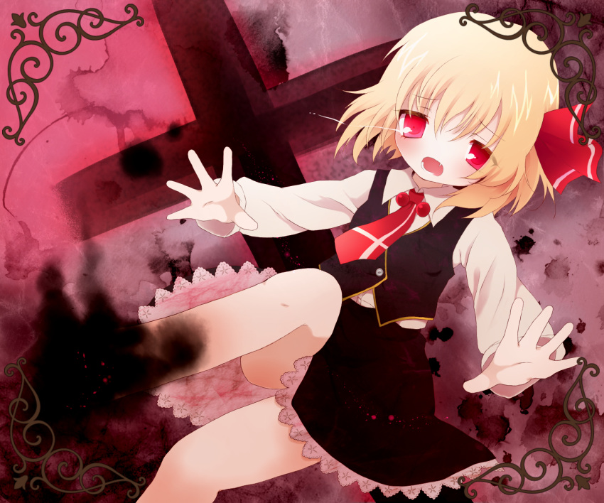 bad_id bad_pixiv_id blonde_hair blood blush cross darkness female hair_ribbon highres kokorominton oerba_yun_fang open_mouth outstretched_arms red_eyes ribbon rumia shirt short_hair skirt skirt_set solo touhou vest