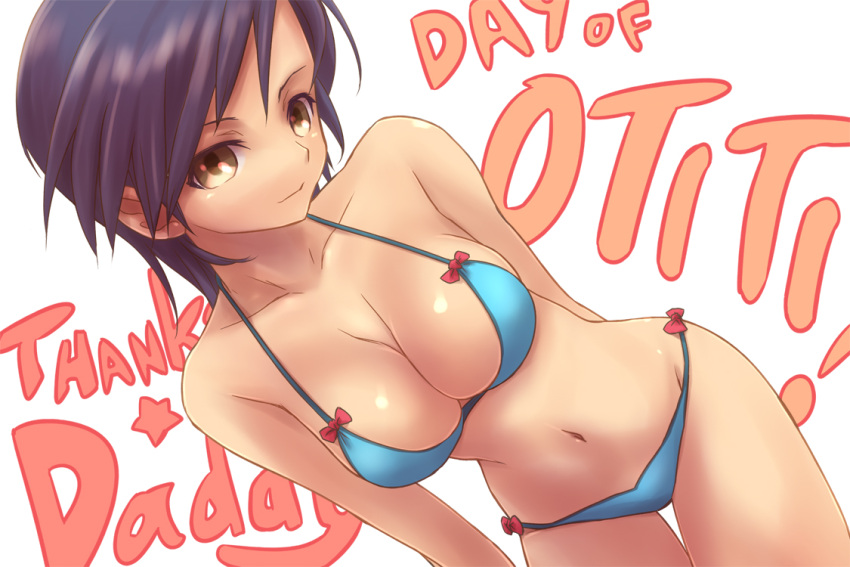 bikini black_hair breasts brown_eyes cleavage dutch_angle female looking_at_viewer medium_breasts navel original photoshop_(medium) short_hair solo swimsuit thigh_gap tsukigami_chronica