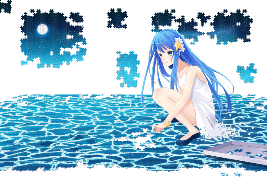 bad_deviantart_id bad_id bare_legs bare_shoulders blue_hair dress female hair_ornament hitsukuya jigsaw_puzzle long_hair original puzzle solo star_(symbol) white_dress