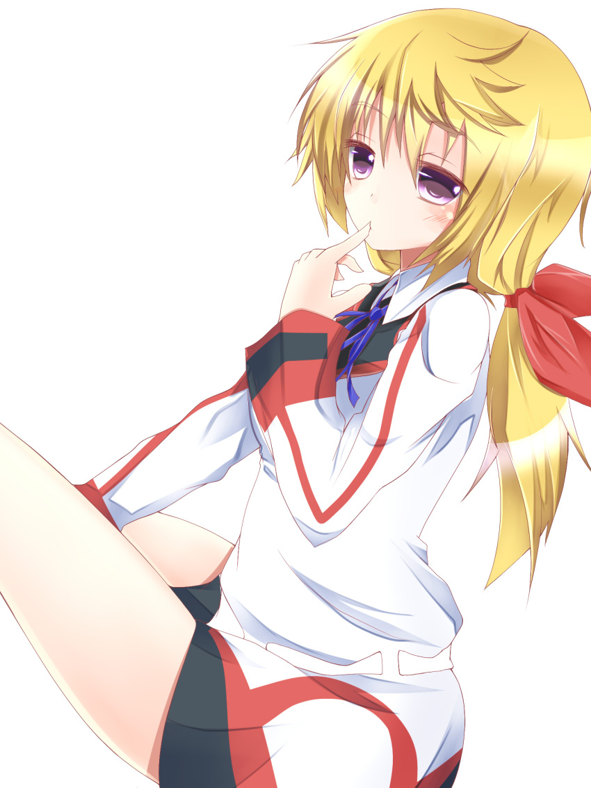 blonde_hair blush charlotte_dunois female hair_ribbon highres infinite_stratos kakao_(chocolate_land) licking licking_finger long_hair ponytail protected_link purple_eyes ribbon simple_background solo