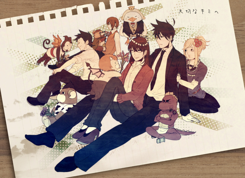 2girls 3boys akutabe azazel_(azazel-san) bad_id bad_pixiv_id bat_wings beelzebub_(azazel-san) bird black_hair crown douchin_koutarou everyone flower glasses gusion horns lizard long_hair mermaid moloch monkey monster_girl multiple_boys multiple_girls no_eyebrows osanai_osamu ose_(azazel-san) penguin sakuma_rinko salamander_(azazel-san) short_hair sushiko15 undine_(azazel-san) wings yondemasu_yo_azazel-san.