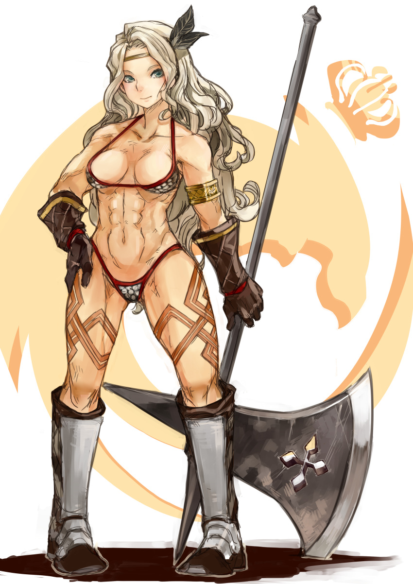 absurdres amazon_(dragon's_crown) armband armor bad_id bad_pixiv_id bikini_armor blonde_hair dragon's_crown female gloves green_eyes halberd headband highres long_hair muscular polearm ricci solo weapon