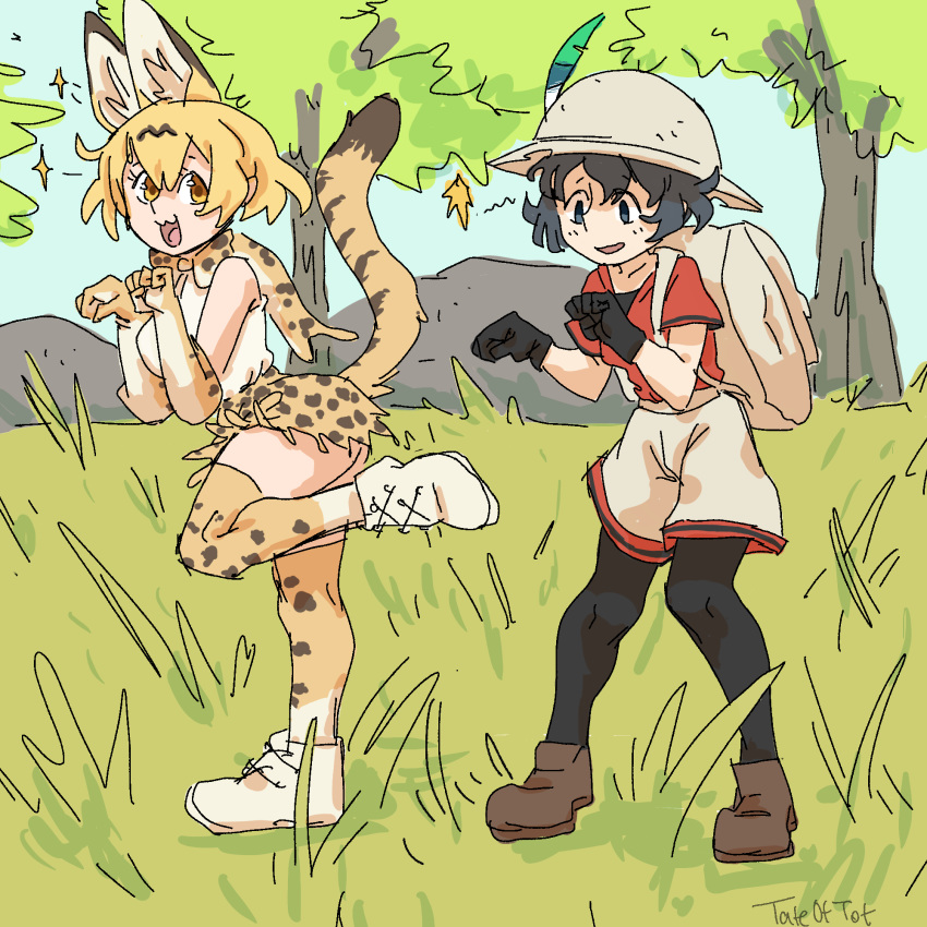 2girls :3 animal_ears animal_print blonde_hair boots bow bowtie cat_ears cat_tail gloves hair_between_eyes highres kaban_(kemono_friends) kemono_friends leggings md5_mismatch multiple_girls open_mouth outdoors pantyhose paw_pose print_leggings savannah serval_(kemono_friends) serval_print smile tail tateoftot thighhighs