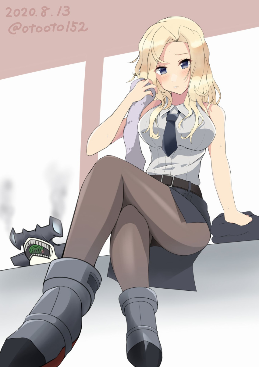 belt black_belt black_necktie black_pantyhose black_skirt blonde_hair blue_eyes breasts commentary_request crossed_legs dated female from_below highres hornet_(kancolle) kantai_collection large_breasts long_hair looking_at_viewer necktie one-hour_drawing_challenge otobi pantyhose pencil_skirt shark shirt sitting skirt sleeveless sleeveless_shirt twitter_username white_shirt