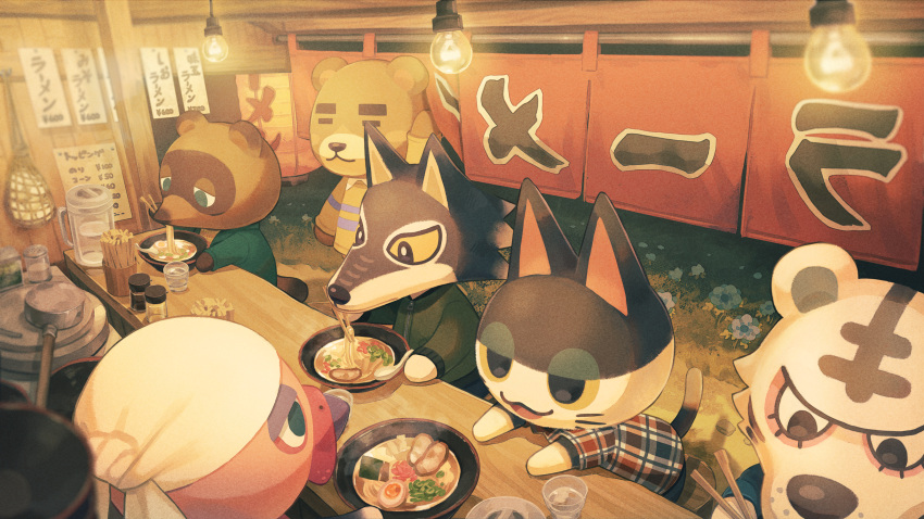 6+boys =_= animal_crossing arm_up bandana bear black_eyes chopsticks closed_eyes colored_sclera commentary_request counter cup drinking_glass eating feline food food_stand franklin_(animal_crossing) green_eyes green_jacket half-closed_eyes hanging_light highres holding holding_chopsticks hood hooded_jacket jacket lantern light_bulb lobo_(animal_crossing) male_focus multiple_boys night no_humans noodles noren paper_lantern pitcher_(container) plaid plaid_shirt punchy_(animal_crossing) ramen rolf_(animal_crossing) saino_misaki shirt spoon sweater tanuki teddy_(animal_crossing) tiger tom_nook_(animal_crossing) turkey_(bird) water wolf yatai yellow_sclera yellow_sweater