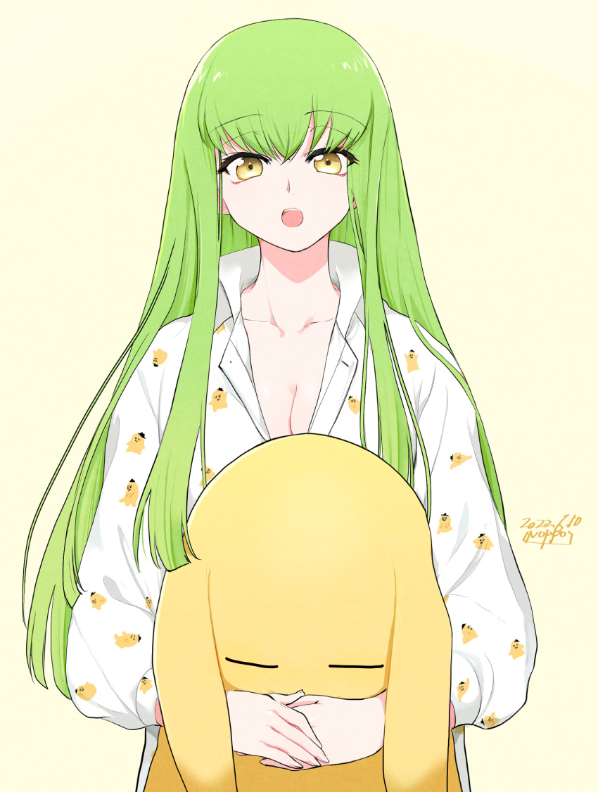 breasts c.c. cheese-kun cleavage code_geass female green_hair highres long_hair looking_at_viewer noppo open_mouth pajamas simple_background solo stuffed_toy teeth yellow_background yellow_eyes