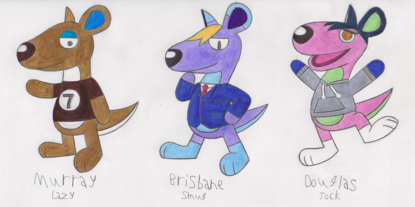 2:1 animal_crossing anthro baron-redbeaver brisbane_the_smug_kangaroo douglas_the_jock_kangaroo group hi_res jock kangaroo lazy macropod male mammal marsupial murray_the_lazy_kangaroo nintendo smug