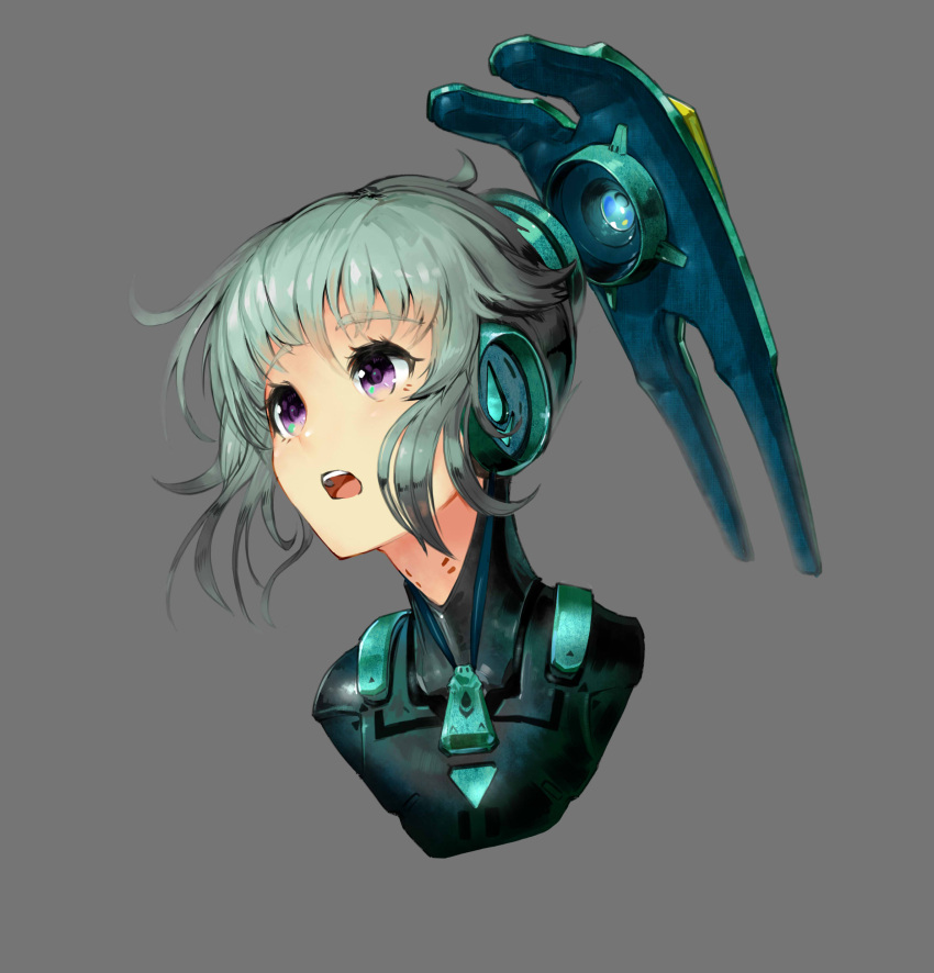 absurdres armor blue_hair croriin female floating grey_background highres mecha_musume open_mouth original purple_eyes simple_background solo teeth