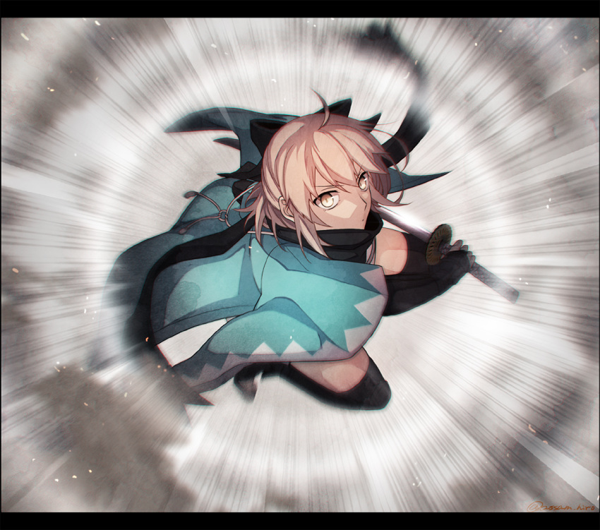 arm_guards black_bow black_scarf blonde_hair bow emphasis_lines fate/grand_order fate_(series) female haori japanese_clothes katana kimono koha-ace letterboxed motion_blur motion_lines nakamura_hiro_(nobody10ch) okita_souji_(fate) okita_souji_(koha-ace) photoshop_(medium) scarf shinsengumi short_kimono solo speed_lines sword toeless_legwear weapon white_kimono yellow_eyes