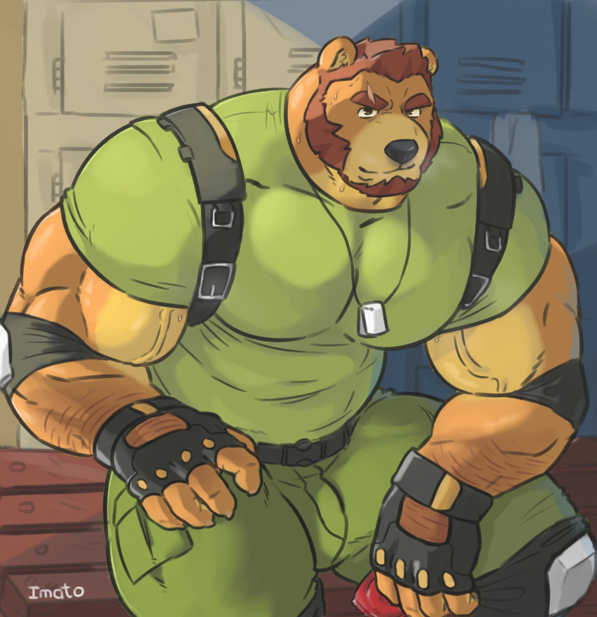 2019 anthro barazoku bear big_muscles black_nose bottomwear brown_bear brown_body brown_fur brown_hair clothing condom dog_tags eyebrows fingerless_gloves fur gloves hair handwear hi_res huge_muscles imato looking_at_viewer male mammal military muscular muscular_anthro muscular_male pants salem_(imato) scar sexual_barrier_device shirt sitting soldier solo t-shirt thick_eyebrows tight_clothing topwear ursine vein veiny_muscles warrior