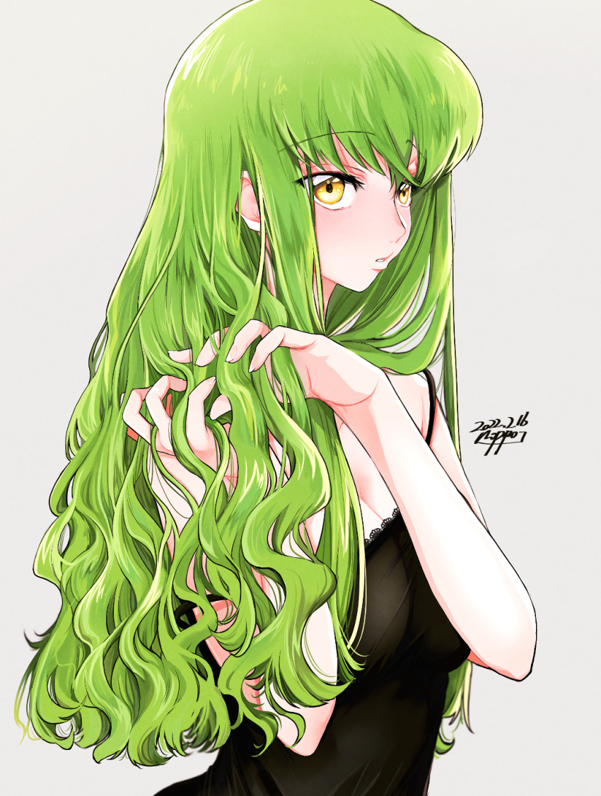 bare_shoulders blush breasts c.c. camisole cleavage code_geass female green_hair grey_background highres long_hair noppo parted_lips simple_background solo wavy_hair yellow_eyes