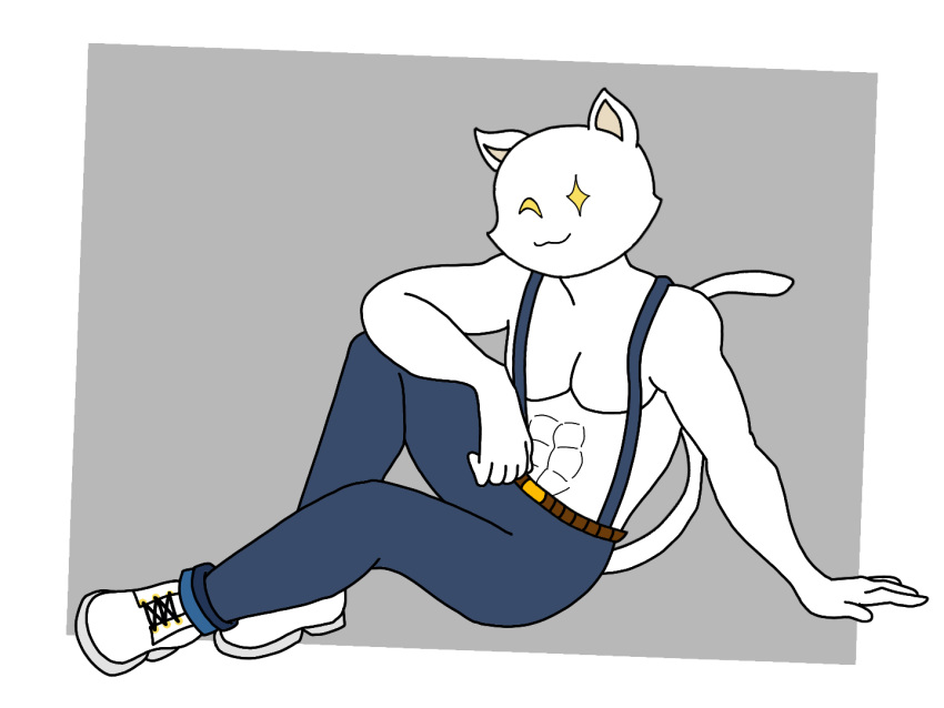 4:3 abs anthro biceps clothed clothing domestic_cat enderbendr epic_games felid feline felis fortnite humanoid looking_at_viewer male mammal meowscles meowscles_(ghost) muscular muscular_anthro muscular_male simple_background sitting smile solo