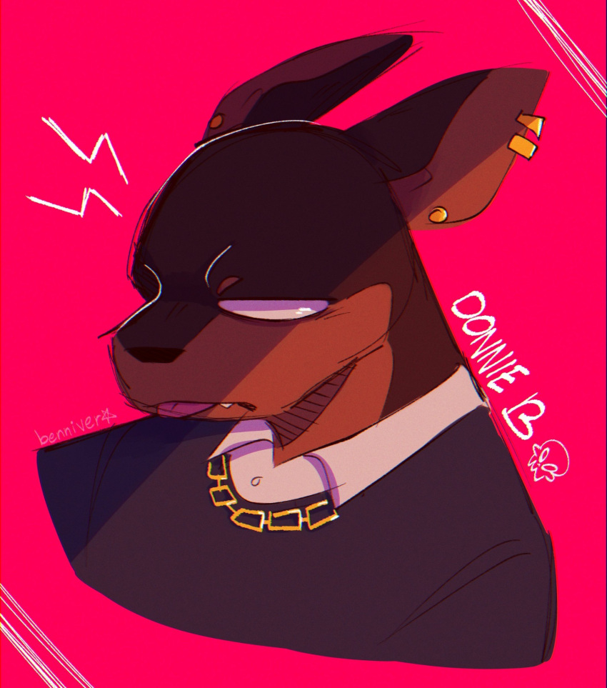 ambiguous_gender anthro benniver blep bone canid canine canis dobermann domestic_dog donnie_b. ear_piercing ear_ring empty_eyes friends_vs_friends headshot_portrait hi_res mammal piercing pinscher portrait ring_piercing signature tongue tongue_out