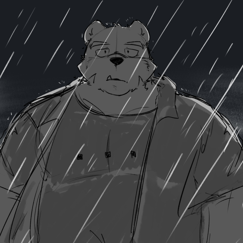 1:1 2021 anthro bear belly clothing cute_fangs hi_res kemono male mammal night outside overweight overweight_male raining shirt solo topwear whitebeast20