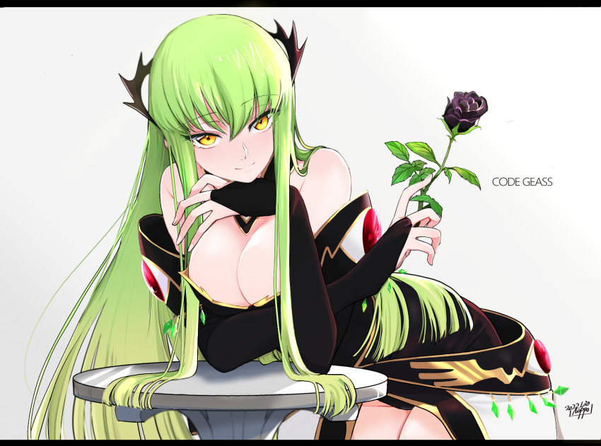 bare_shoulders breasts c.c. cleavage code_geass copyright_name female flower green_hair hair_ornament highres leaning_on_table long_hair looking_at_viewer noppo rose smile solo yellow_eyes