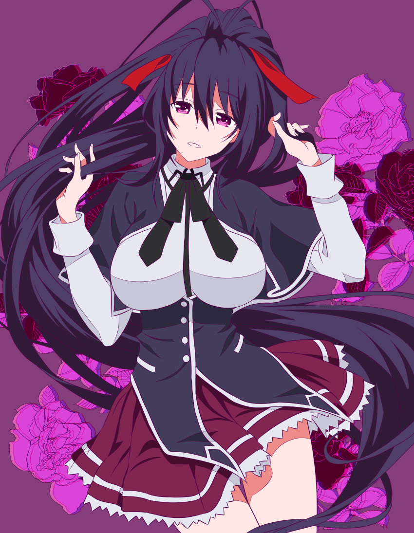 absurdres black_capelet black_corset black_hair bow bowtie breasts capelet commentary corset female hair_ornament hair_ribbon hairbow high_school_dxd highres himejima_akeno kuoh_academy_school_uniform large_breasts long_hair looking_at_viewer orange_ribbon parted_lips pawowe ponytail purple_eyes purple_skirt ribbon school_uniform skirt solo very_long_hair