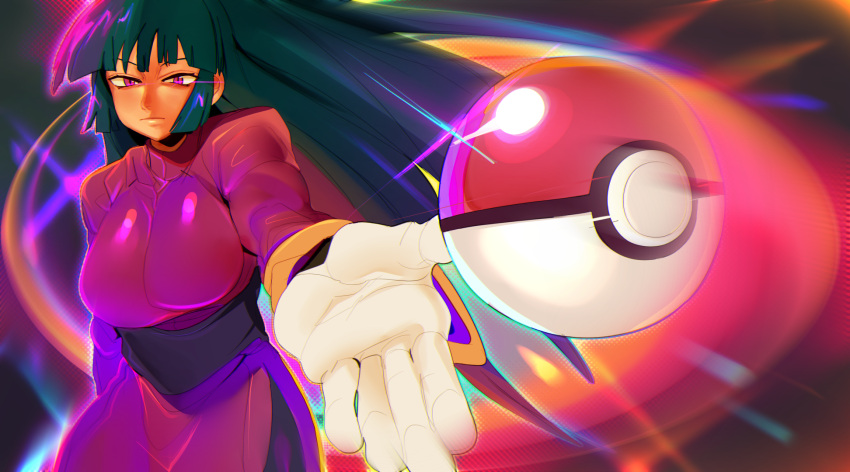 breasts cashumeru closed_mouth dress female gloves highres large_breasts long_hair long_sleeves looking_at_viewer outstretched_arm pencil_skirt poke_ball poke_ball_(basic) pokemon pokemon_frlg purple_eyes sabrina_(pokemon) side_slit skirt solo white_gloves