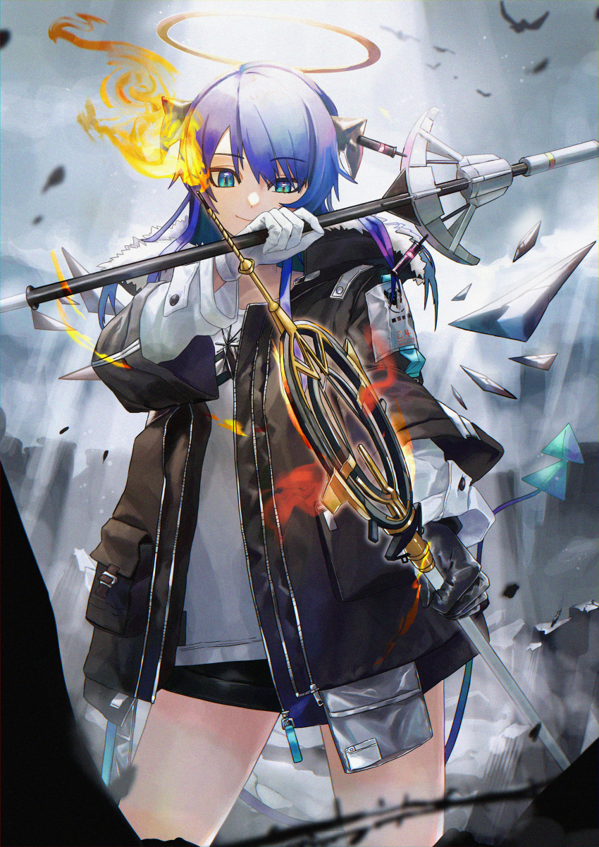 absurdres arknights asymmetrical_gloves blue_eyes blue_hair cowboy_shot dual_wielding female gloves halo highres holding hood hooded_jacket horns jacket long_hair mismatched_gloves monge_baby mostima_(arknights) photoshop_(medium) shorts smile solo staff tail