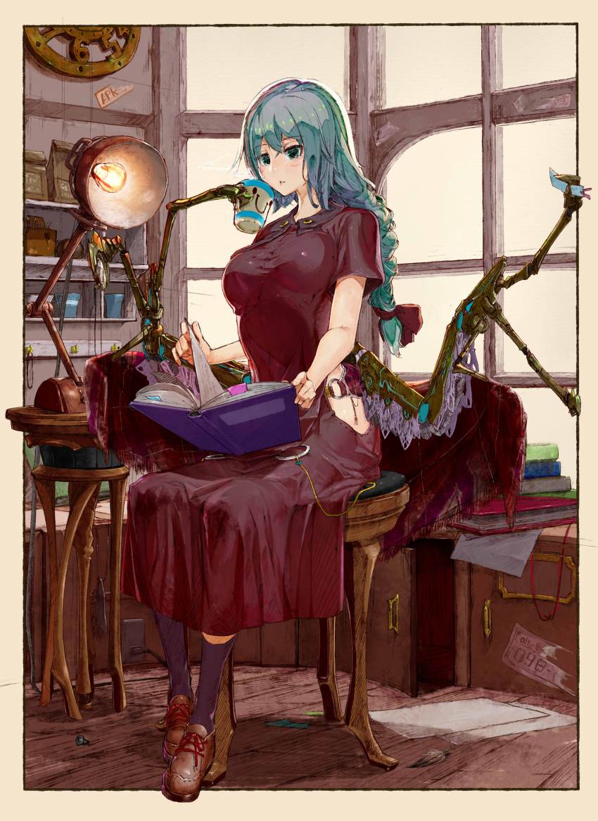 absurdres black_legwear blowing blue_eyes blue_hair book book_stack bookmark border braid brown_footwear croriin cup dress feathers female full_body hatching_(texture) highres holding holding_book lamp light_bulb long_braid long_hair mechanical_arms o-ring open_book original outside_border paper reading screw seed_bag shoelaces sitting solo steam tools turning_page white_border