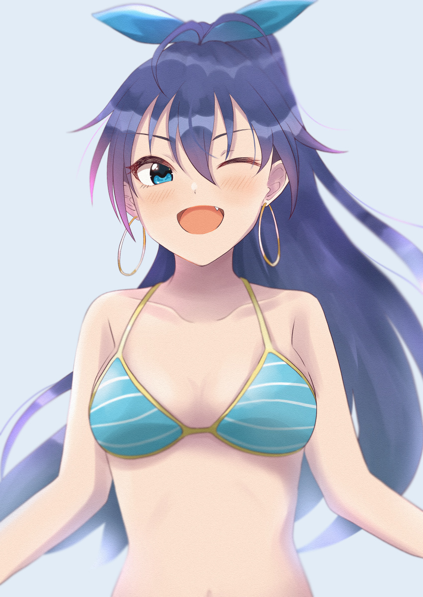 :d absurdres bikini blue_background blue_bikini blue_eyes blue_ribbon blush breasts cleavage collarbone earrings female ganaha_hibiki hair_between_eyes hair_ribbon halterneck high_ponytail highres hoop_earrings idolmaster idolmaster_(classic) idolmaster_2 jewelry long_hair looking_to_the_side medium_breasts navel oerba_yun_fang one_eye_closed open_mouth ponytail ribbon rrtp simple_background sleeveless smile solo striped_bikini striped_clothes swimsuit upper_body