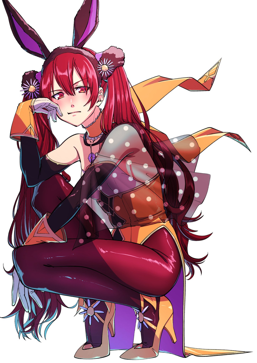 aduti_momoyama animal_ears breasts brown_hairband choker closed_mouth coattails collarbone daisy fake_animal_ears female fire_emblem fire_emblem_awakening fire_emblem_heroes flower frilled_choker frills full_body gloves hair_between_eyes hairband high_heels highres leotard long_hair looking_at_viewer multicolored_clothes multicolored_gloves multicolored_leotard official_alternate_costume orange_choker orange_footwear orange_gloves orange_leotard pantyhose polka_dot purple_flower rabbit_ears red_eyes red_hair red_pantyhose see-through severa_(fire_emblem) severa_(spring)_(fire_emblem) shoes simple_background single_bare_shoulder small_breasts squatting tiptoes white_background white_flower white_gloves white_leotard